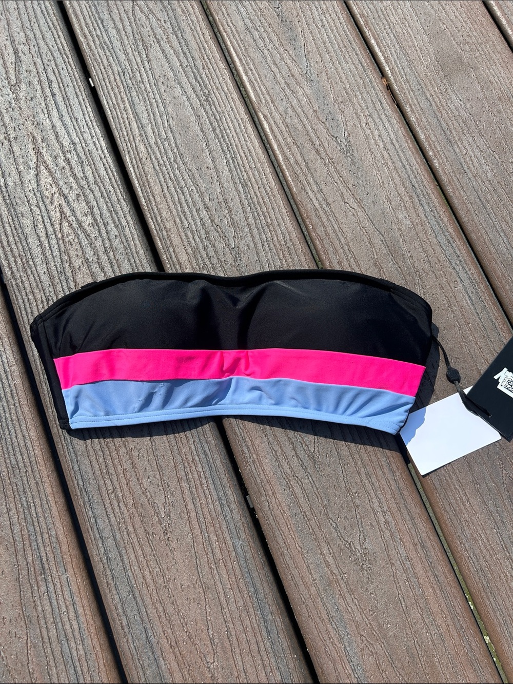 Bandeau Bikini Top - Black with Pink and Light Blue Stripes